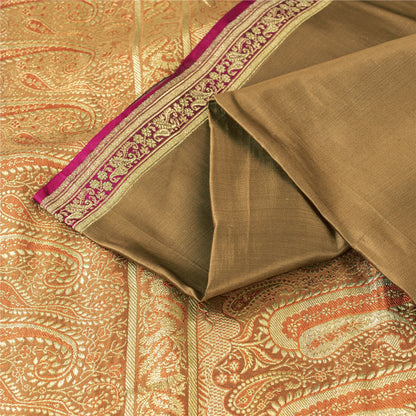 Sanskriti Vintage Sarees Brown BanarasiBrocade Zari Woven Pure Satin Sari Fabric