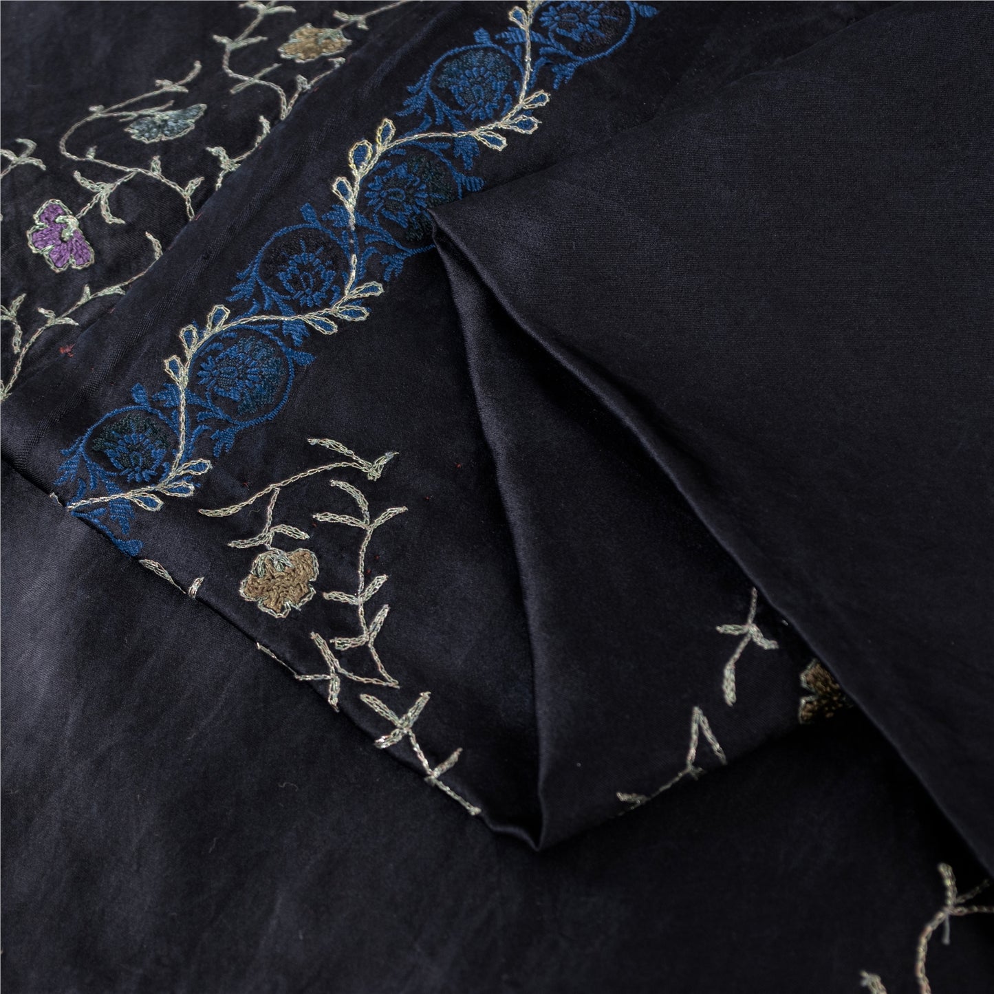 Sanskriti Vintage Sarees Black Embroidered Thread Pure Satin 5+yd Craft Fabric Banarasi Sari