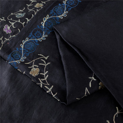 Sanskriti Vintage Sarees Black Embroidered Thread Pure Satin 5+yd Craft Fabric Banarasi Sari