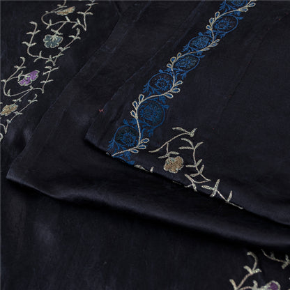 Sanskriti Vintage Sarees Black Embroidered Thread Pure Satin 5+yd Craft Fabric Banarasi Sari