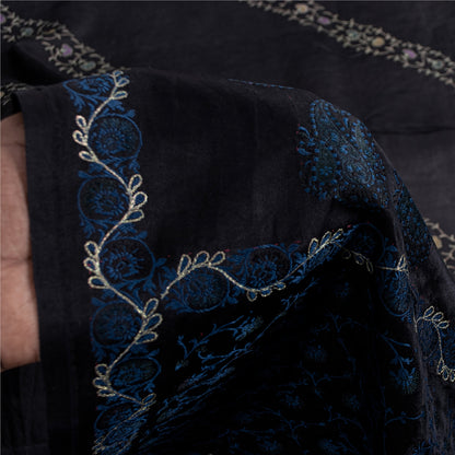 Sanskriti Vintage Sarees Black Embroidered Thread Pure Satin 5+yd Craft Fabric Banarasi Sari