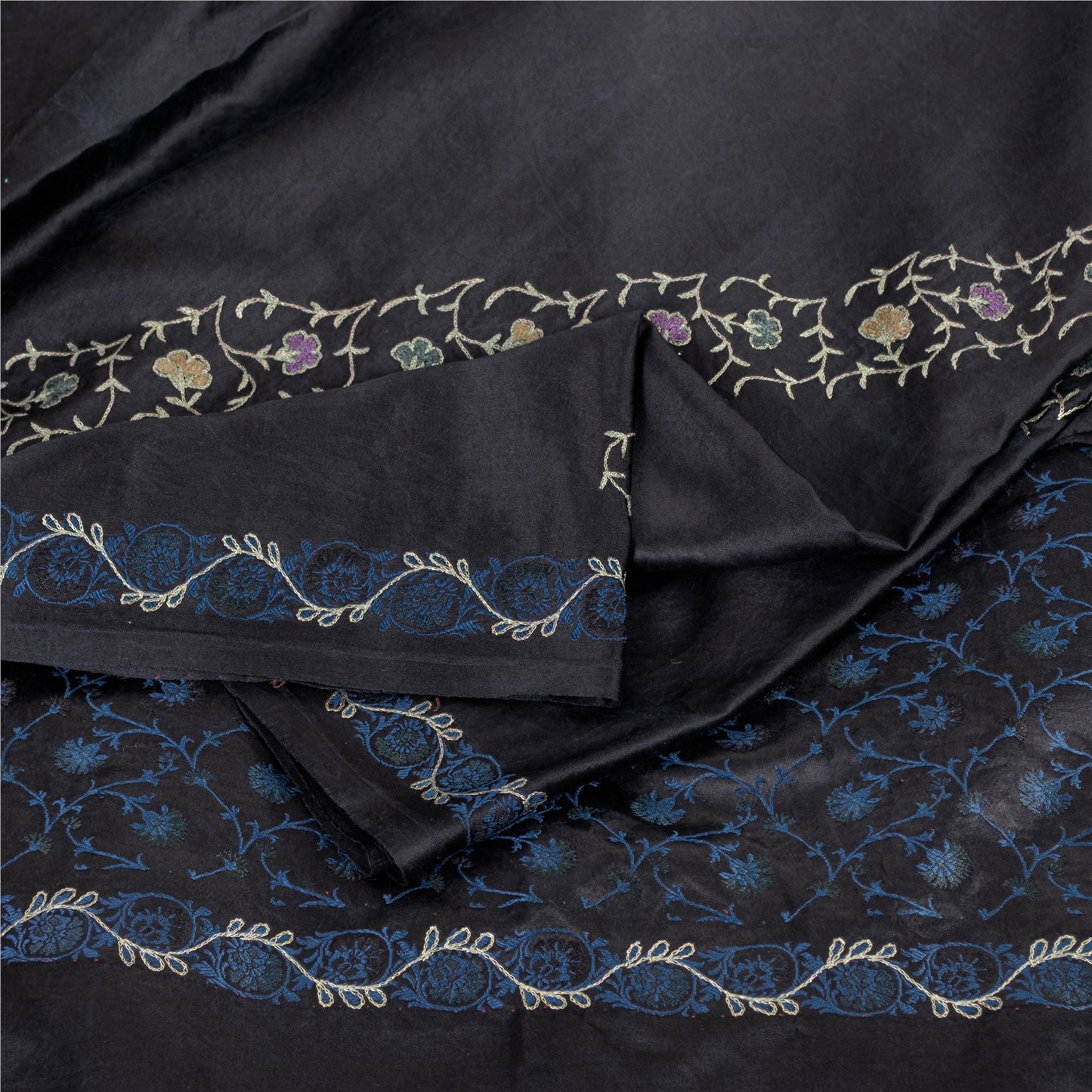 Sanskriti Vintage Sarees Black Embroidered Thread Pure Satin 5+yd Craft Fabric Banarasi Sari