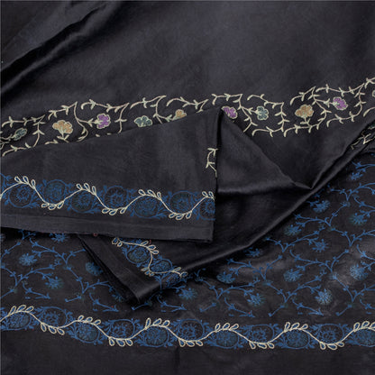 Sanskriti Vintage Sarees Black Embroidered Thread Pure Satin 5+yd Craft Fabric Banarasi Sari