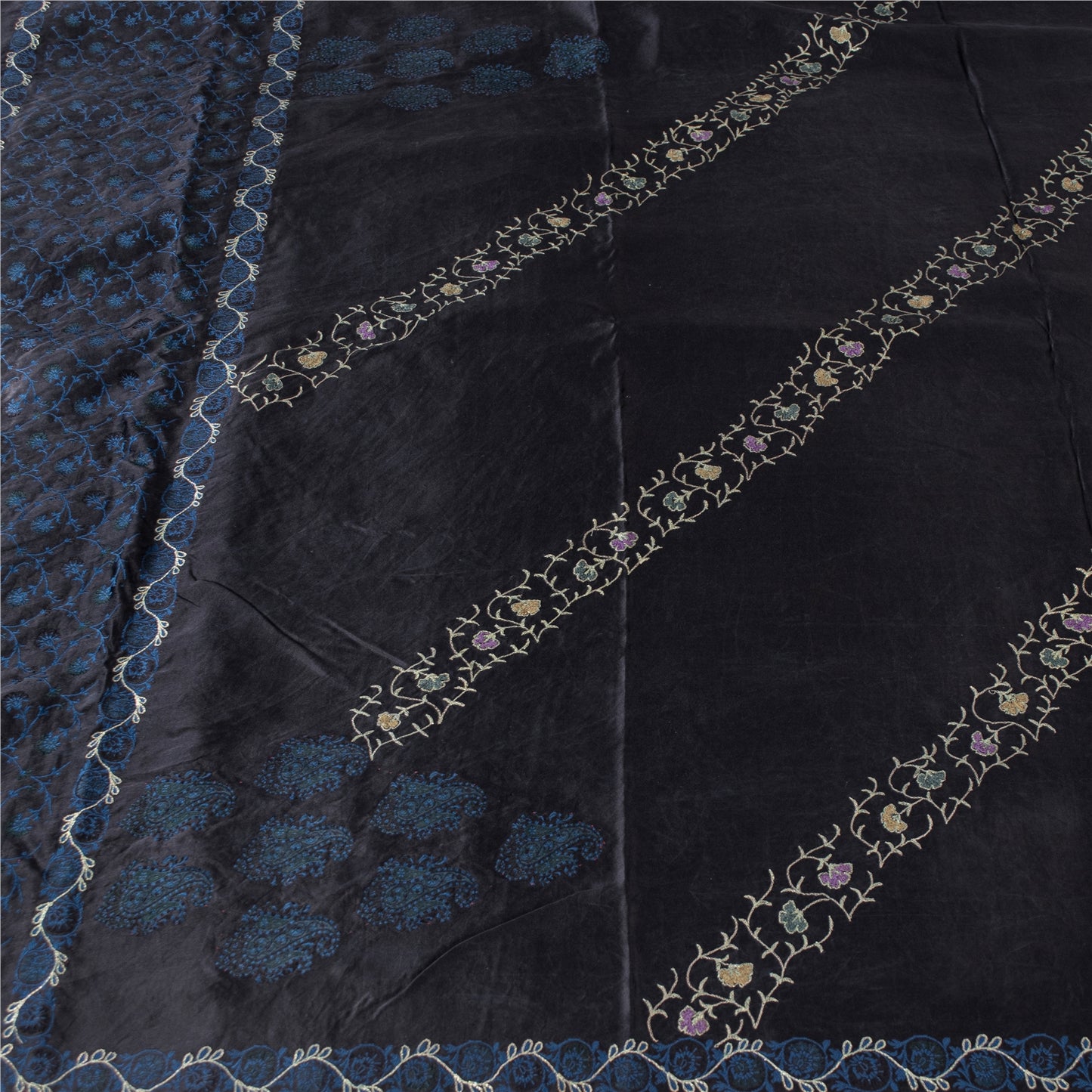 Sanskriti Vintage Sarees Black Embroidered Thread Pure Satin 5+yd Craft Fabric Banarasi Sari