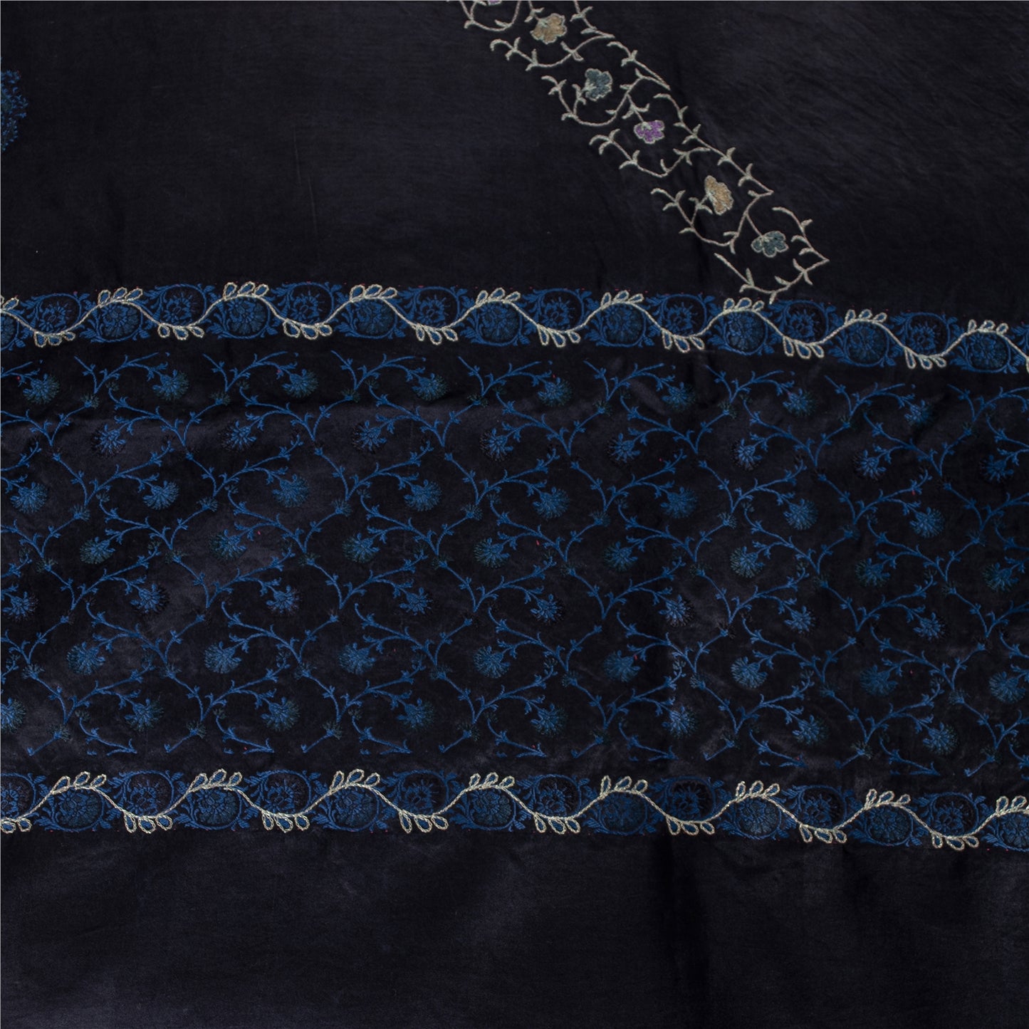 Sanskriti Vintage Sarees Black Embroidered Thread Pure Satin 5+yd Craft Fabric Banarasi Sari