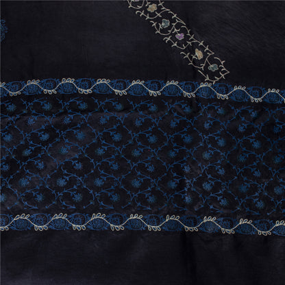 Sanskriti Vintage Sarees Black Embroidered Thread Pure Satin 5+yd Craft Fabric Banarasi Sari