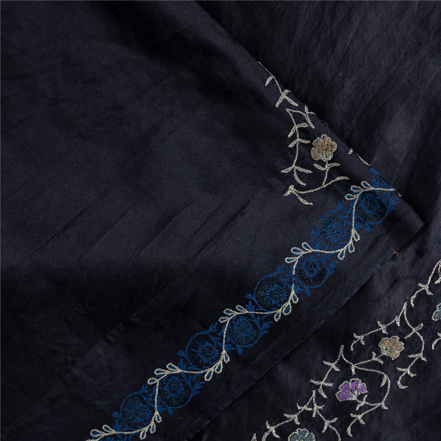 Sanskriti Vintage Sarees Black Embroidered Thread Pure Satin 5+yd Craft Fabric Banarasi Sari