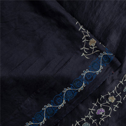 Sanskriti Vintage Sarees Black Embroidered Thread Pure Satin 5+yd Craft Fabric Banarasi Sari