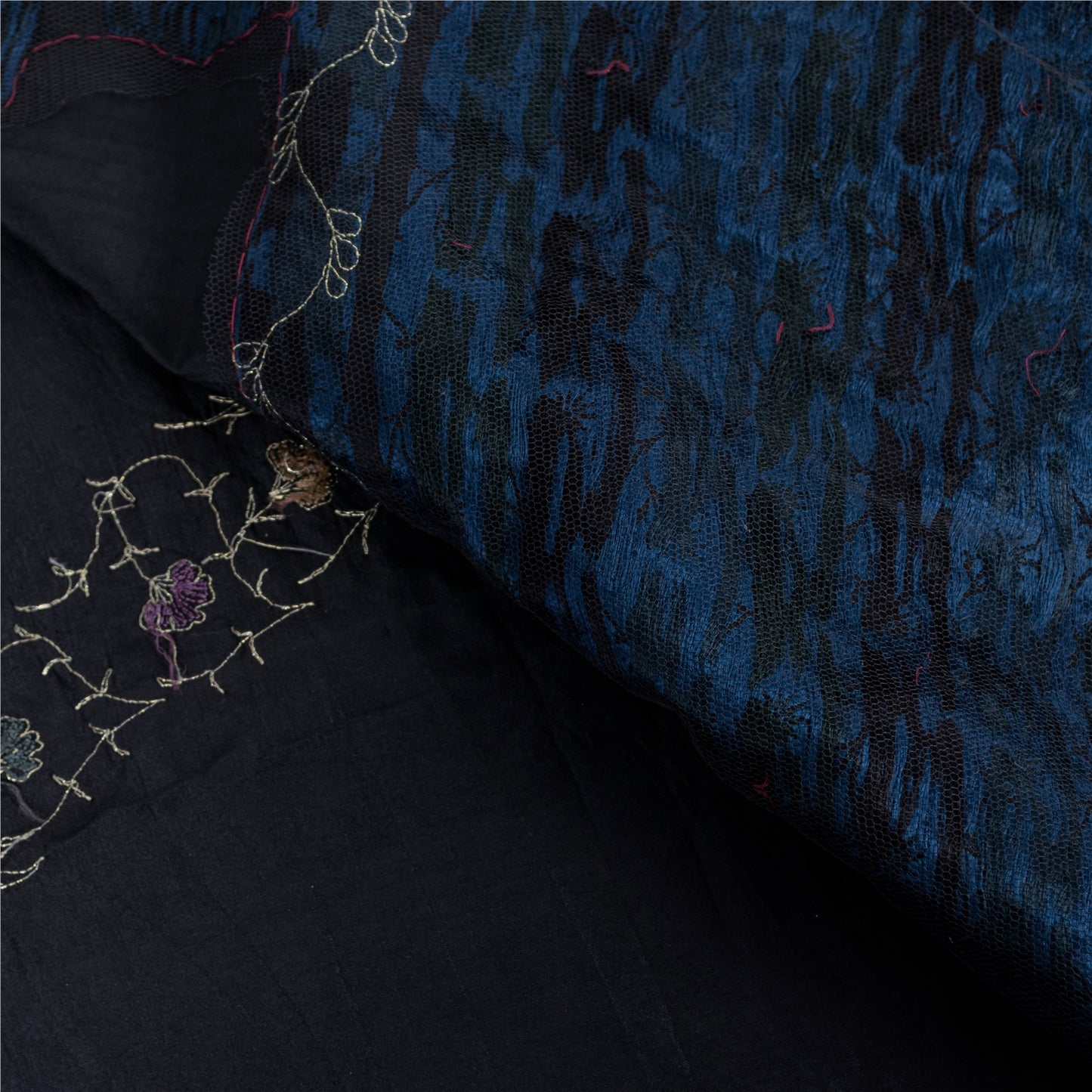 Sanskriti Vintage Sarees Black Embroidered Thread Pure Satin 5+yd Craft Fabric Banarasi Sari