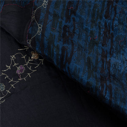 Sanskriti Vintage Sarees Black Embroidered Thread Pure Satin 5+yd Craft Fabric Banarasi Sari