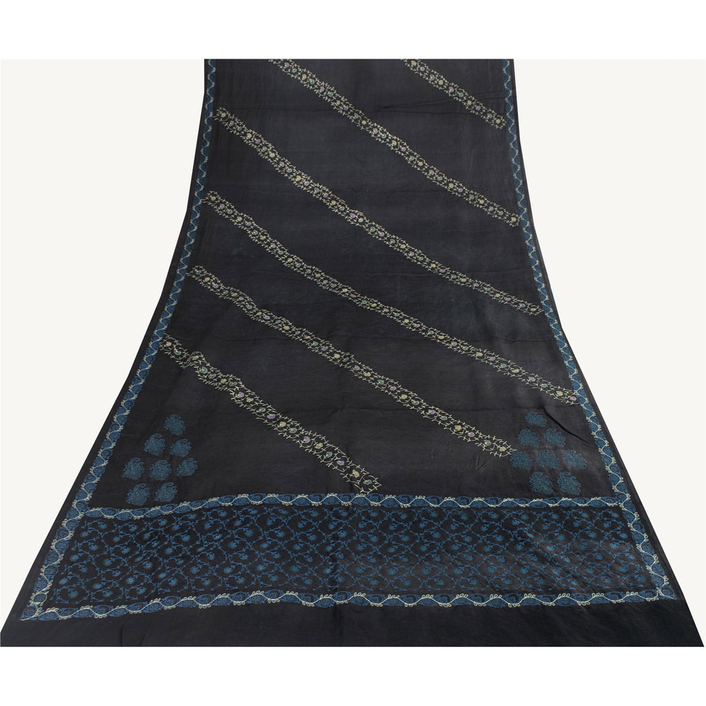 Sanskriti Vintage Sarees Black Embroidered Thread Pure Satin 5+yd Craft Fabric Banarasi Sari