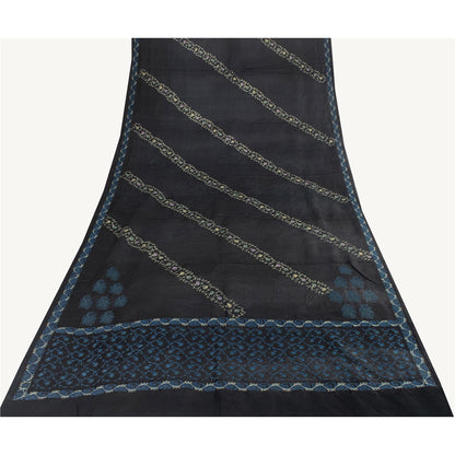 Sanskriti Vintage Sarees Black Embroidered Thread Pure Satin 5+yd Craft Fabric Banarasi Sari