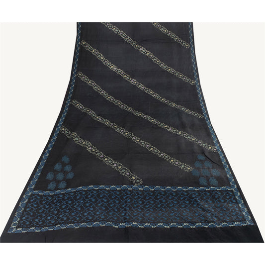 Sanskriti Vintage Sarees Black Embroidered Thread Pure Satin 5+yd Craft Fabric Banarasi Sari