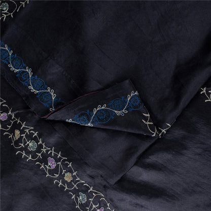 Sanskriti Vintage Sarees Black Embroidered Thread Pure Satin 5+yd Craft Fabric Banarasi Sari