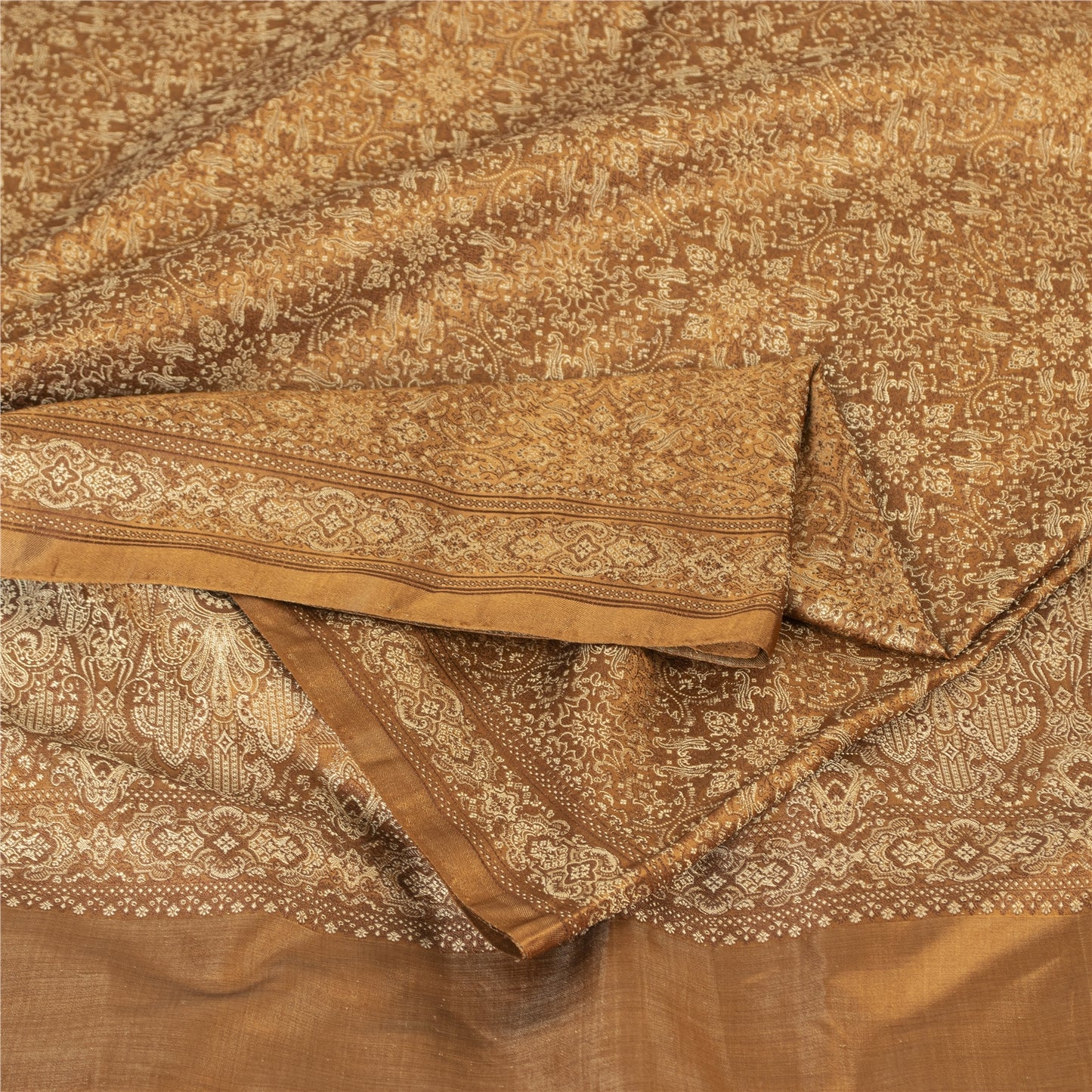 Sanskriti Vintage Sarees Brown Banarasi Brocade Woven Pure Satin Sari 5+ydFabric