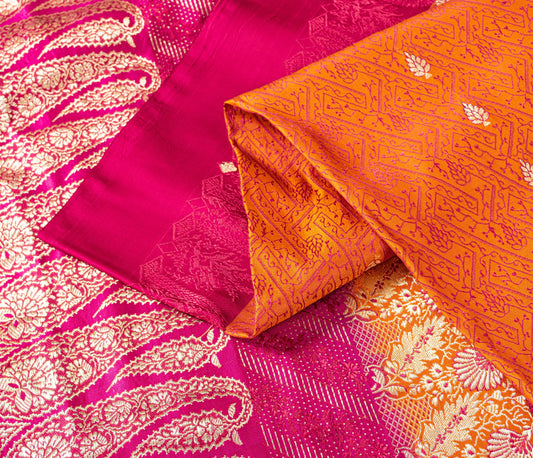 Sanskriti Vintage Mustard Yellow Sarees Soft 100% Pure Satin Woven Brocade Banarasi 5+YD Sari