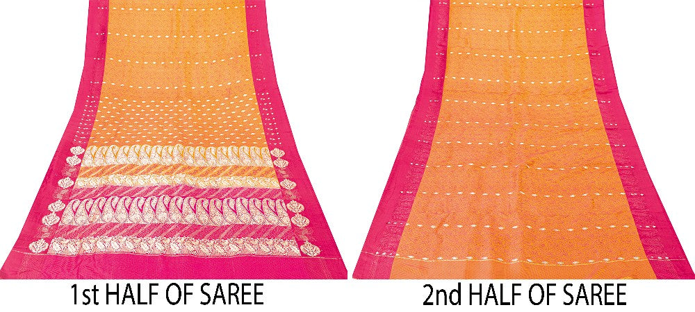 Sanskriti Vintage Mustard Yellow Sarees Soft 100% Pure Satin Woven Brocade Banarasi 5+YD Sari