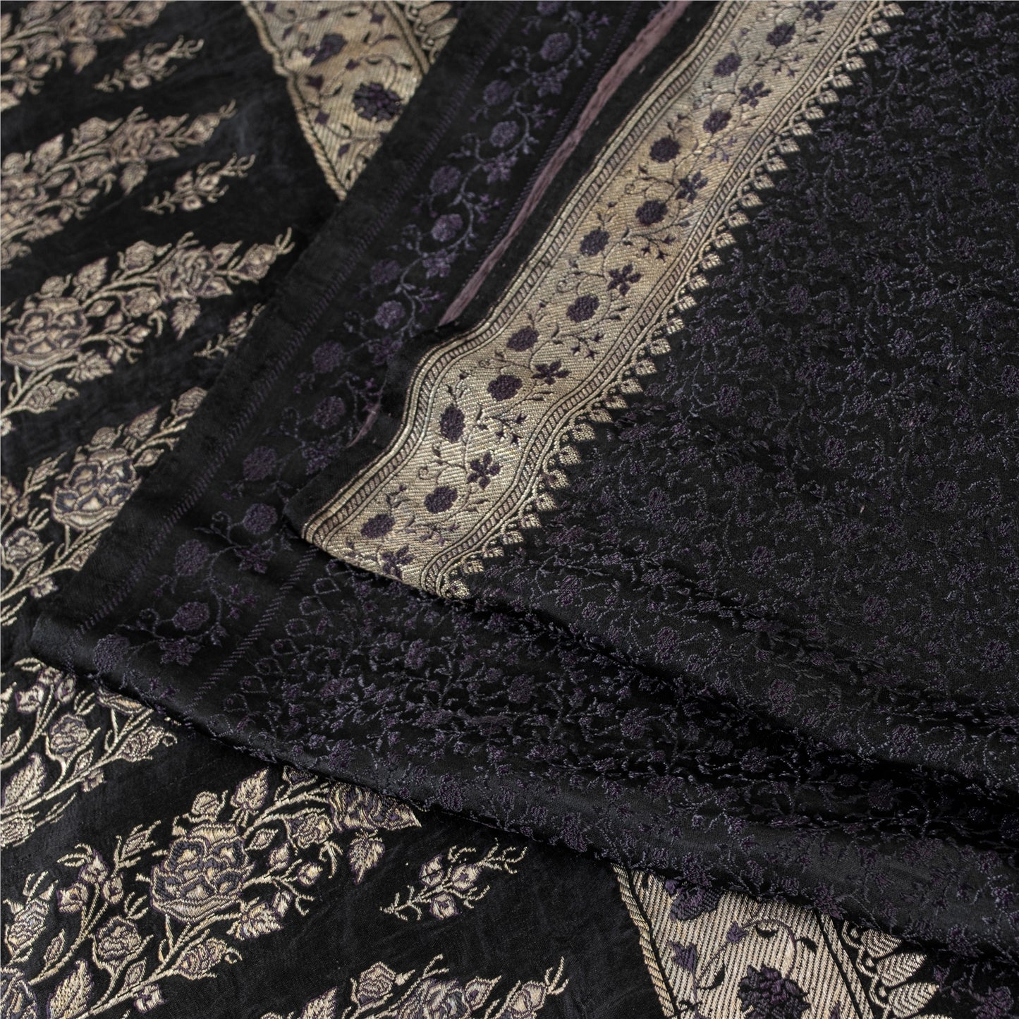 Sanskriti Vintage Sarees Black Banarasi Brocade ZariWoven Pure Satin Sari Fabric