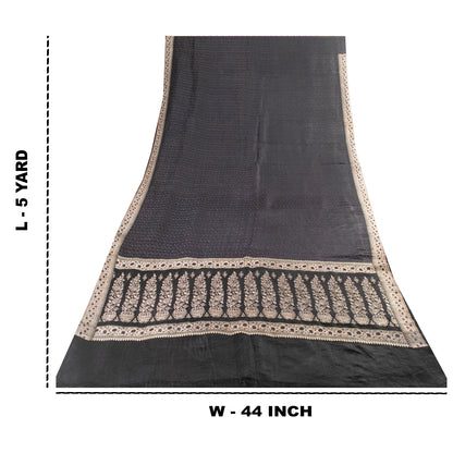 Sanskriti Vintage Sarees Black Banarasi Brocade ZariWoven Pure Satin Sari Fabric