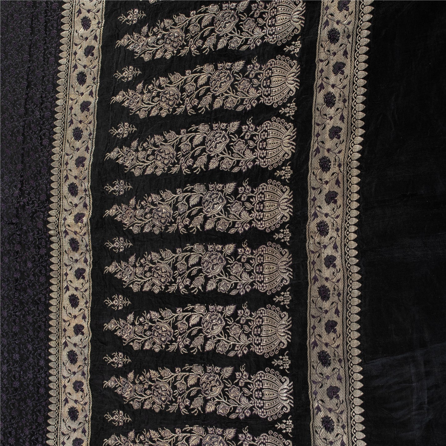 Sanskriti Vintage Sarees Black Banarasi Brocade ZariWoven Pure Satin Sari Fabric