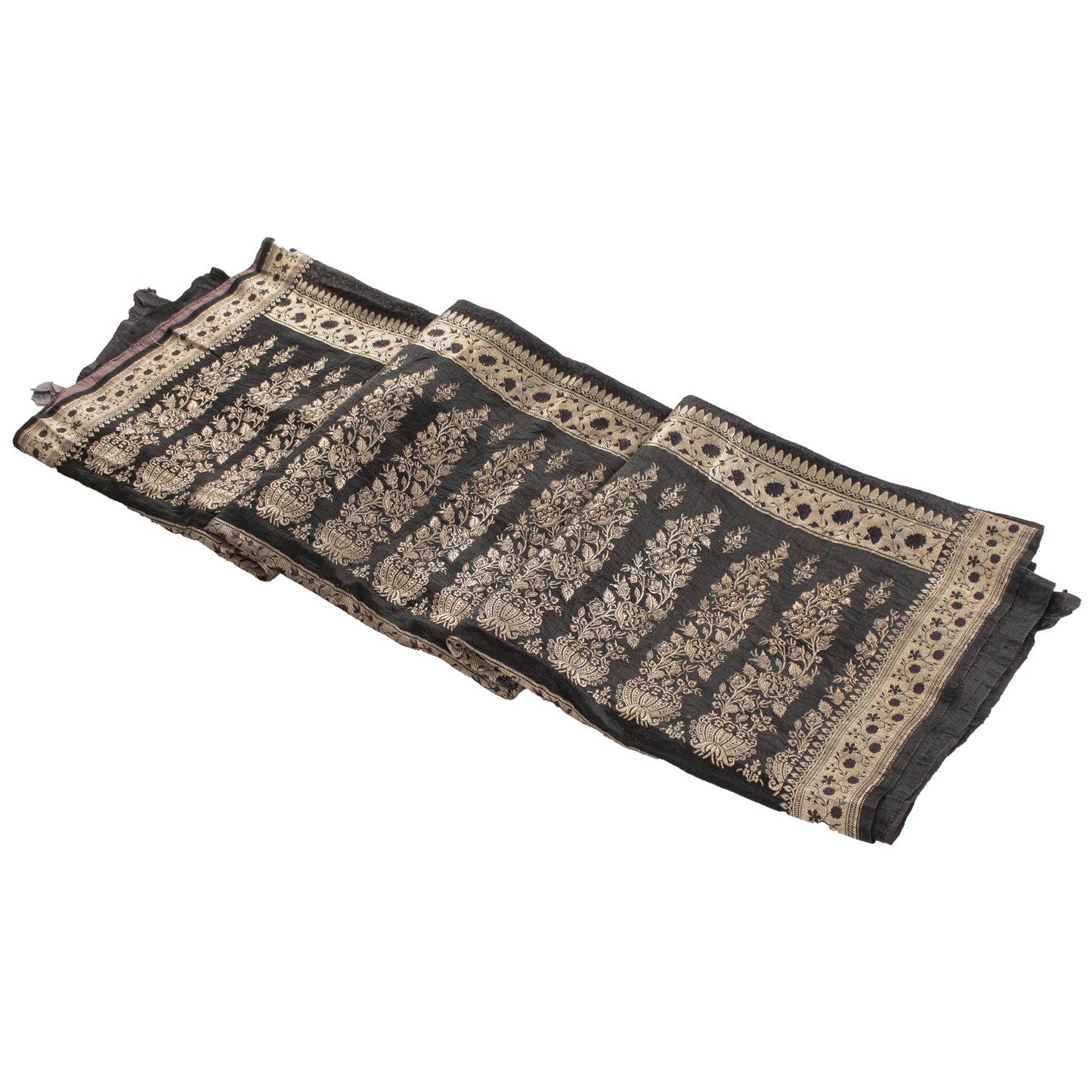 Sanskriti Vintage Sarees Black Banarasi Brocade ZariWoven Pure Satin Sari Fabric