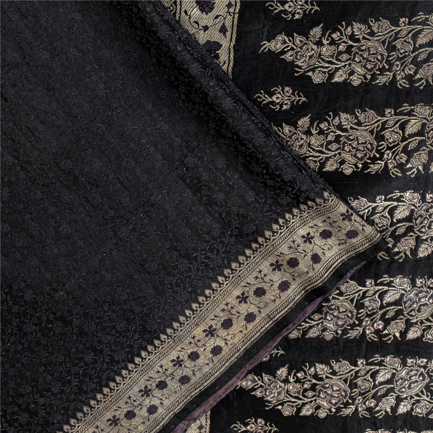 Sanskriti Vintage Sarees Black Banarasi Brocade ZariWoven Pure Satin Sari Fabric