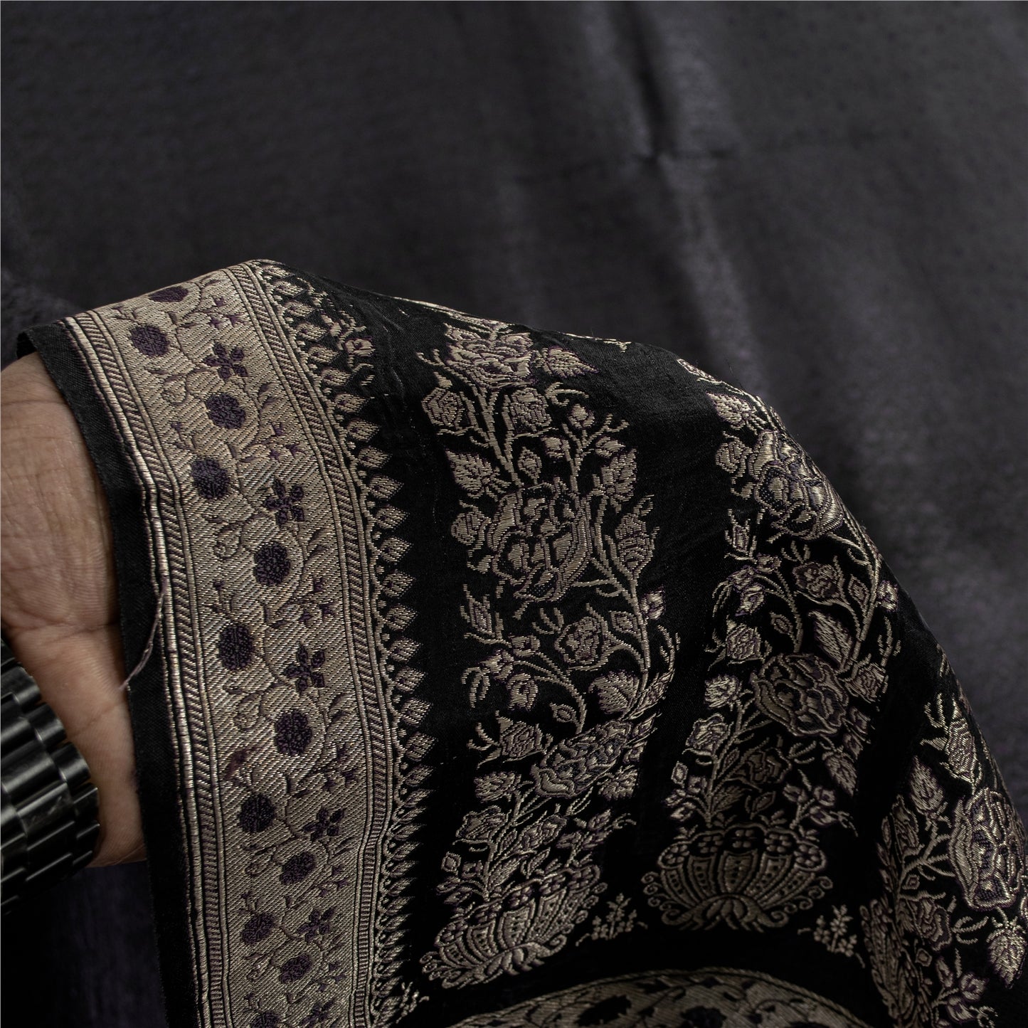 Sanskriti Vintage Sarees Black Banarasi Brocade ZariWoven Pure Satin Sari Fabric