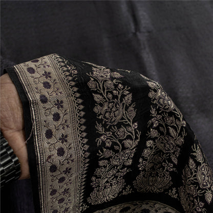 Sanskriti Vintage Sarees Black Banarasi Brocade ZariWoven Pure Satin Sari Fabric