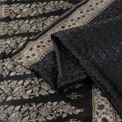 Sanskriti Vintage Sarees Black Banarasi Brocade ZariWoven Pure Satin Sari Fabric