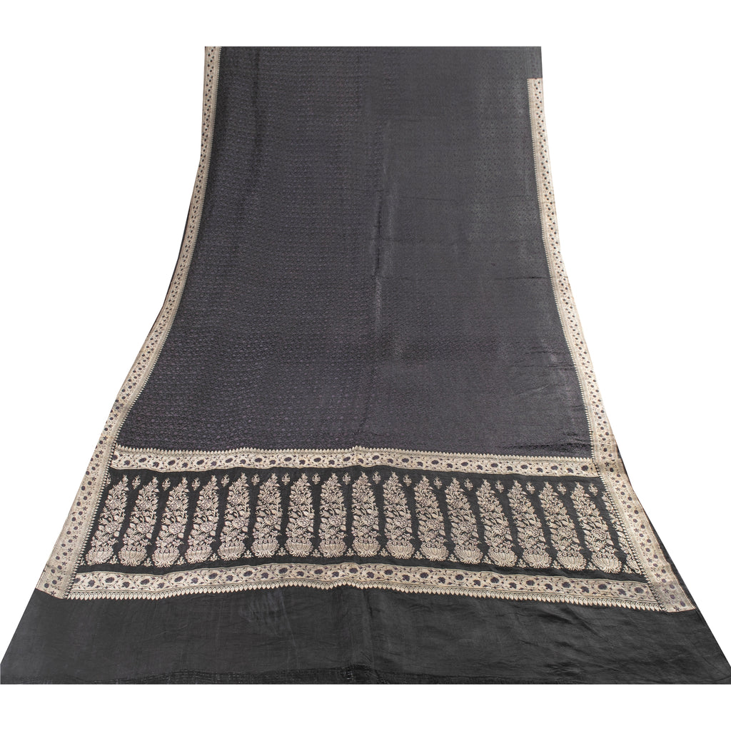 Sanskriti Vintage Sarees Black Banarasi Brocade ZariWoven Pure Satin Sari Fabric