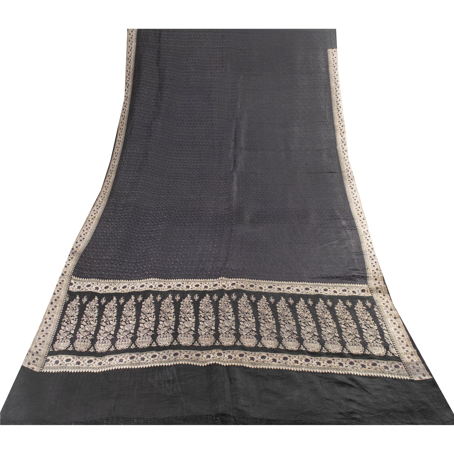 Sanskriti Vintage Sarees Black Banarasi Brocade ZariWoven Pure Satin Sari Fabric