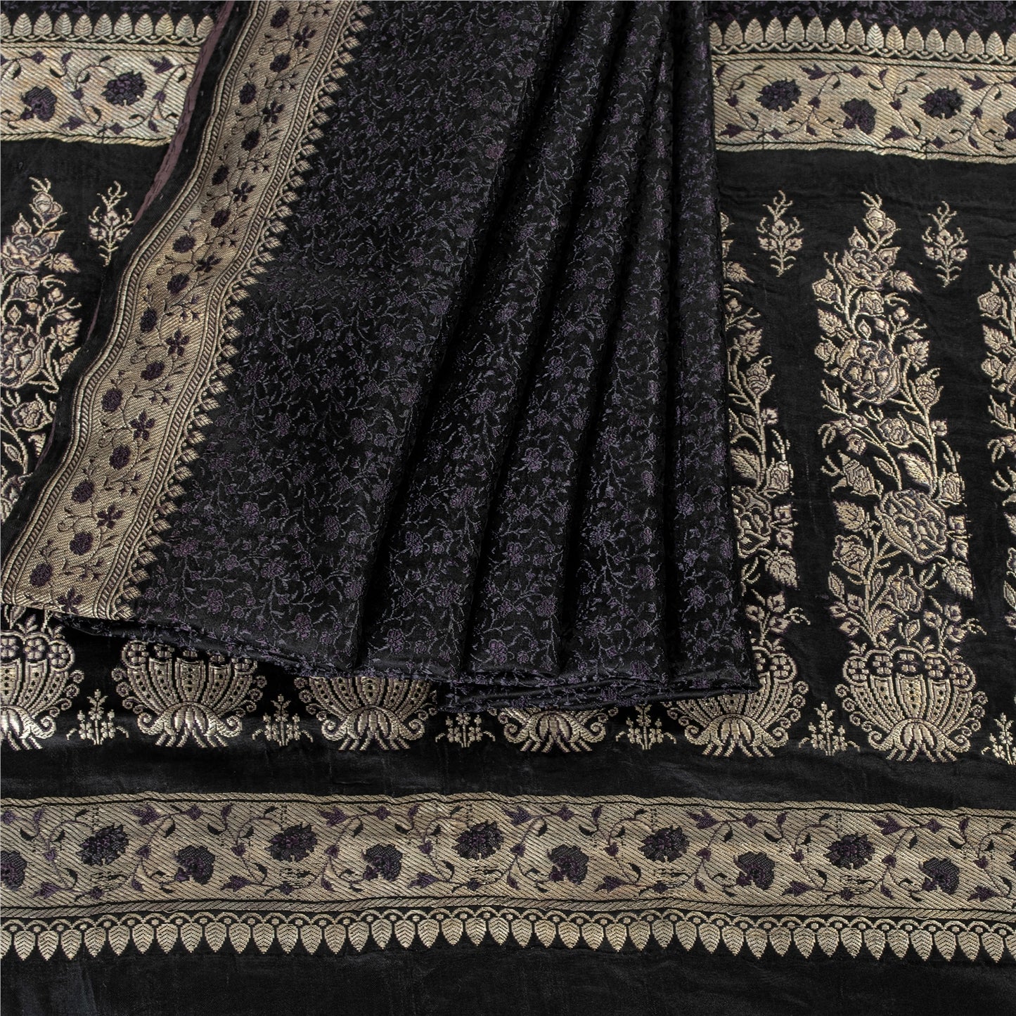 Sanskriti Vintage Sarees Black Banarasi Brocade ZariWoven Pure Satin Sari Fabric