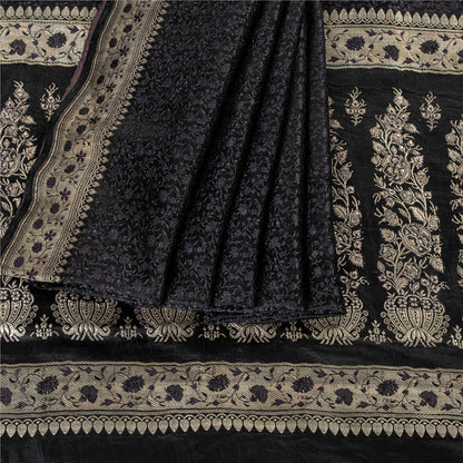 Sanskriti Vintage Sarees Black Banarasi Brocade ZariWoven Pure Satin Sari Fabric