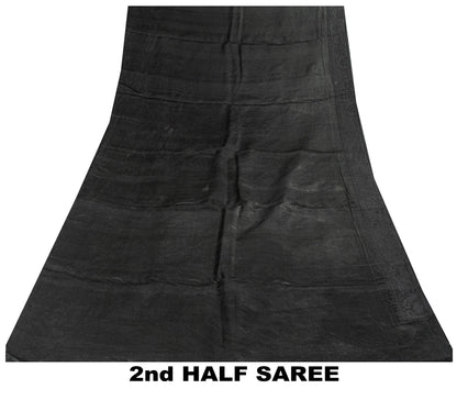 Sanskriti Vintage Black Soft Pure Satin Silk Sarees Handwoven Thread 5.5+YD Sari