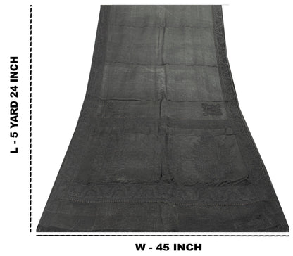 Sanskriti Vintage Black Soft Pure Satin Silk Sarees Handwoven Thread 5.5+YD Sari