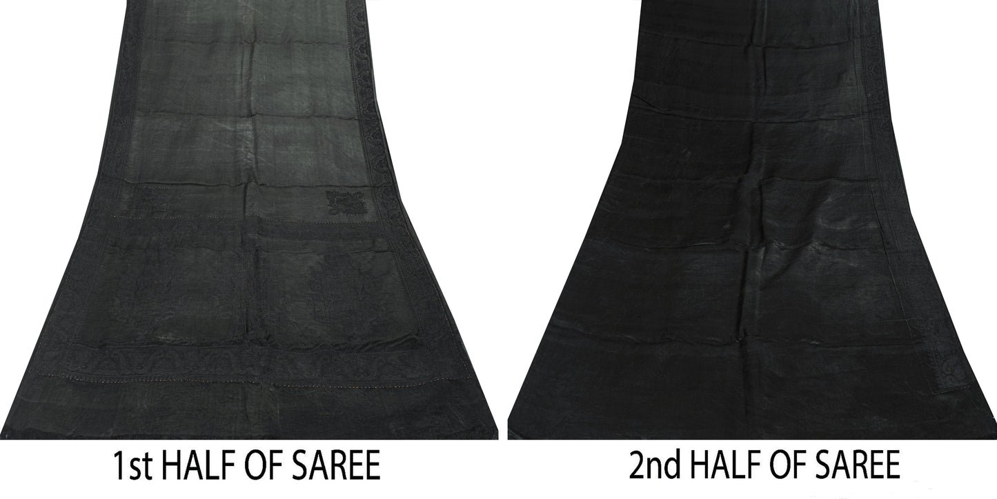 Sanskriti Vintage Black Soft Pure Satin Silk Sarees Handwoven Thread 5.5+YD Sari