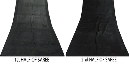 Sanskriti Vintage Black Soft Pure Satin Silk Sarees Handwoven Thread 5.5+YD Sari