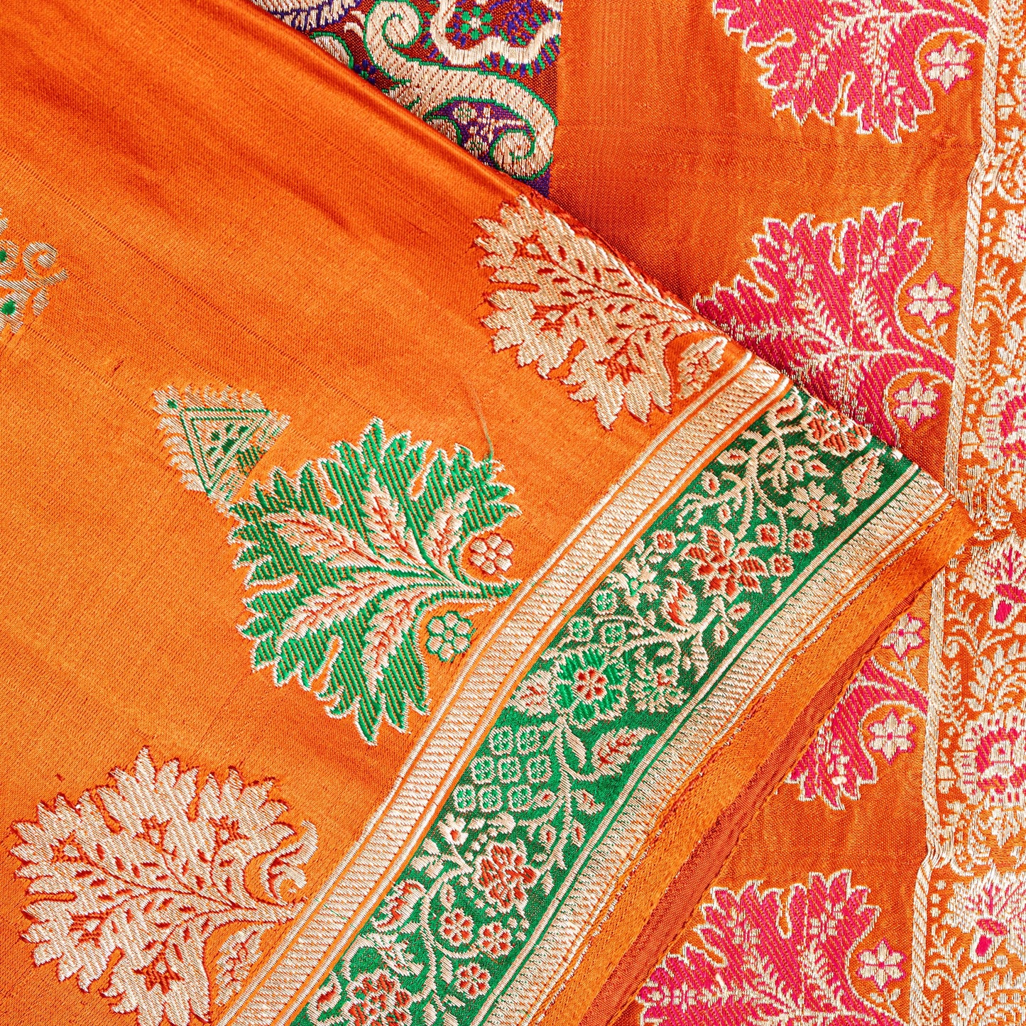 Sanskriti Vintage Orange Pure Satin Sarees Banarasi Brocade Hand Woven 5+YD Sari