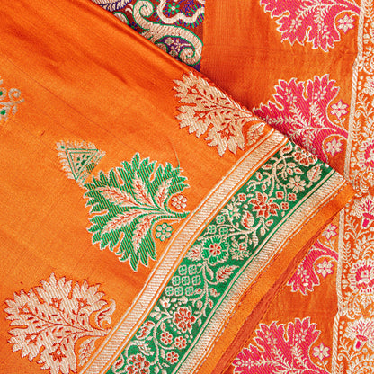 Sanskriti Vintage Orange Pure Satin Sarees Banarasi Brocade Hand Woven 5+YD Sari