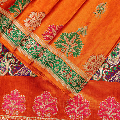 Sanskriti Vintage Orange Pure Satin Sarees Banarasi Brocade Hand Woven 5+YD Sari