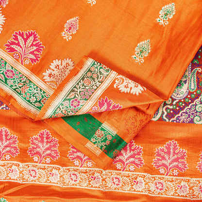Sanskriti Vintage Orange Pure Satin Sarees Banarasi Brocade Hand Woven 5+YD Sari