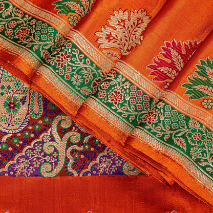 Sanskriti Vintage Orange Pure Satin Sarees Banarasi Brocade Hand Woven 5+YD Sari