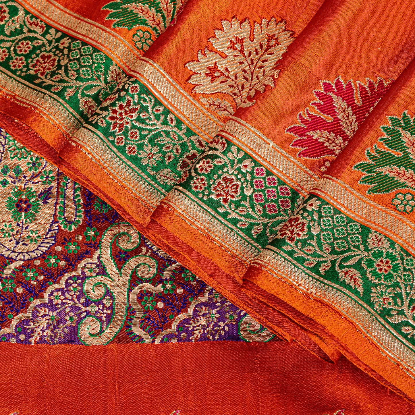 Sanskriti Vintage Orange Pure Satin Sarees Banarasi Brocade Hand Woven 5+YD Sari