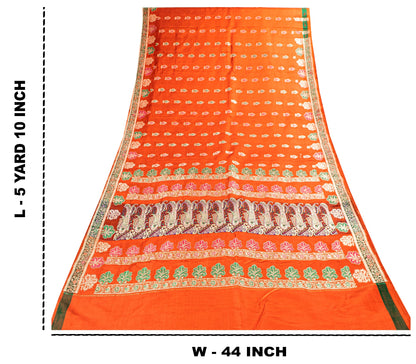 Sanskriti Vintage Orange Pure Satin Sarees Banarasi Brocade Hand Woven 5+YD Sari