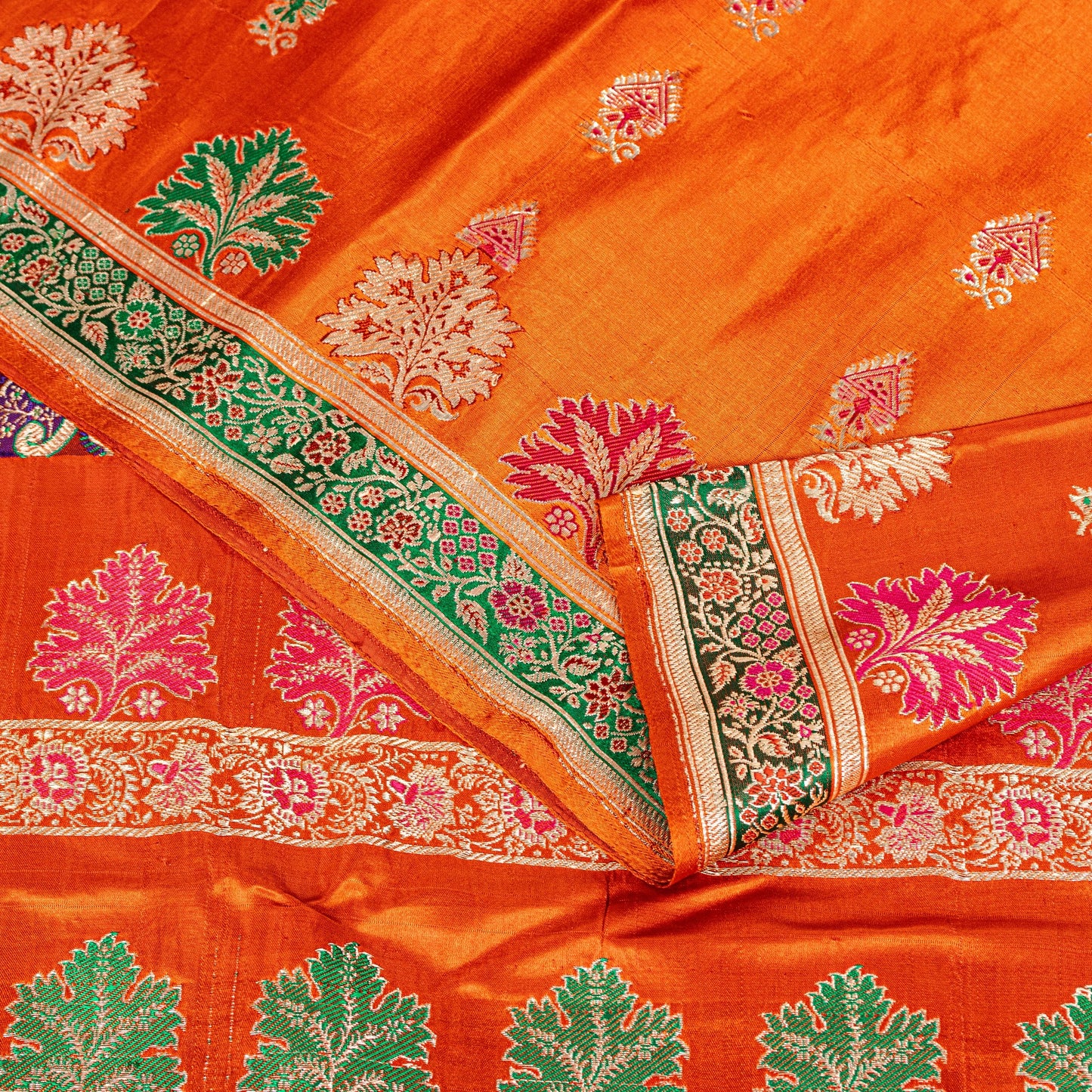 Sanskriti Vintage Orange Pure Satin Sarees Banarasi Brocade Hand Woven 5+YD Sari