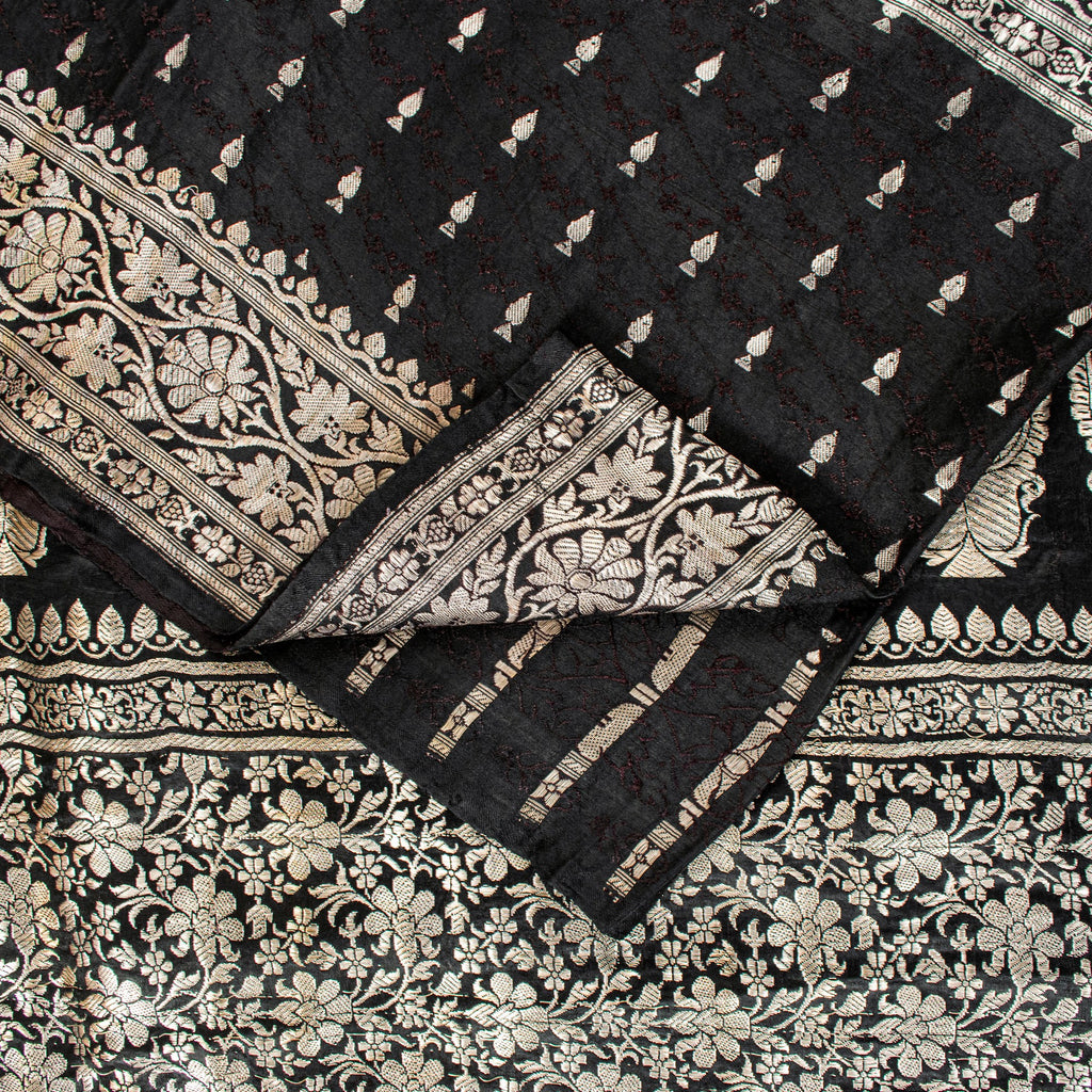 Sanskriti Vintage Black Pure Satin Sarees Banarasi Brocade Zari Hand Woven Sari