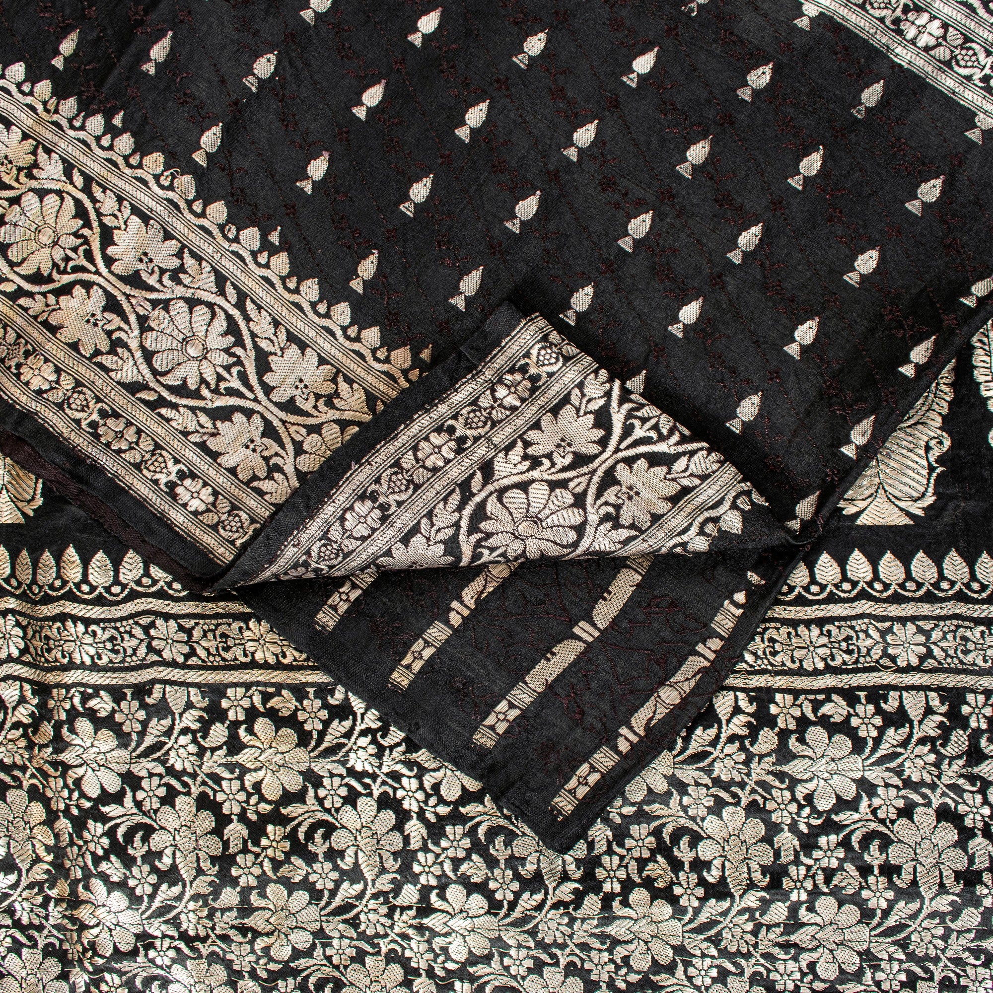 Sanskriti Vintage Black Pure Satin Sarees Banarasi Brocade Zari Hand Woven Sari