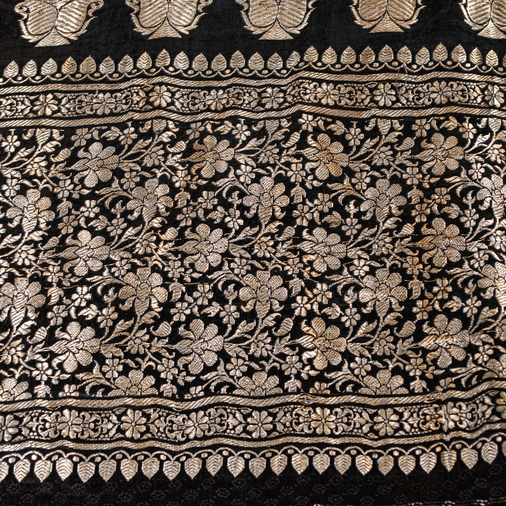 Sanskriti Vintage Black Pure Satin Sarees Banarasi Brocade Zari Hand Woven Sari