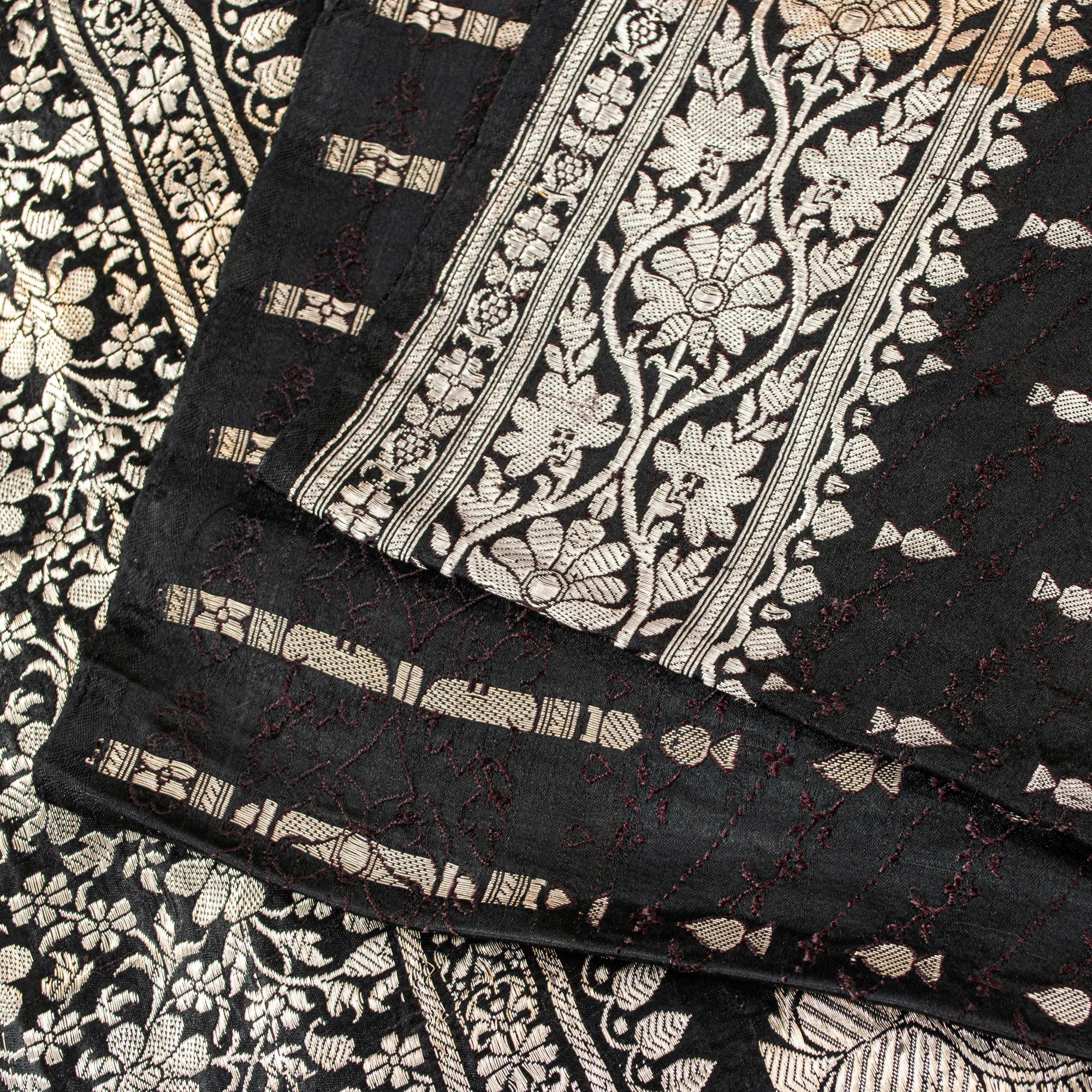 Sanskriti Vintage Black Pure Satin Sarees Banarasi Brocade Zari Hand Woven Sari