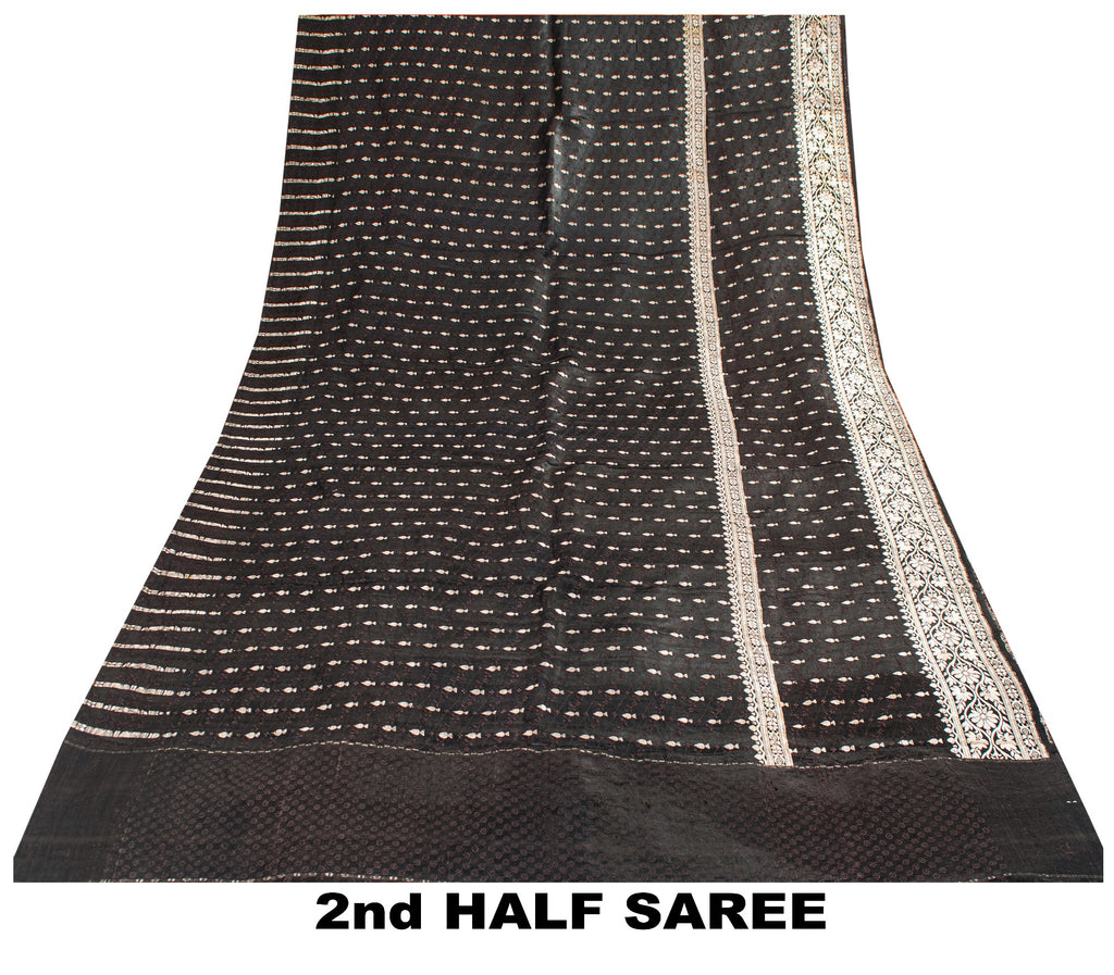 Sanskriti Vintage Black Pure Satin Sarees Banarasi Brocade Zari Hand Woven Sari